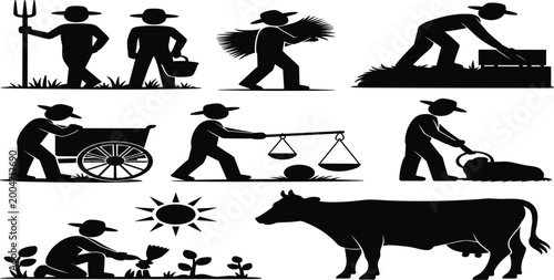 Silhouette farmers engaged in various agricultural activities and a cow farming agriculture