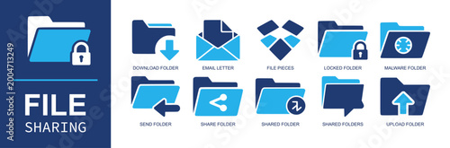 File sharing icon set. Containing download folder, email letter, file pieces, locked folder, send folder, share folder, shared folder, upload folder and more. Solid fill vector icons.