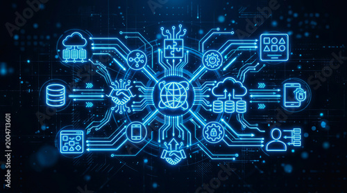 Futuristic digital network hub with glowing blue circuit lines connecting global data icons, cloud storage, servers, and user profiles on dark tech background.