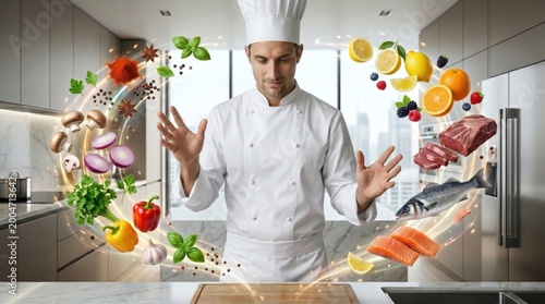 Chef with floating ingredients. A magical culinary experience. Art of cooking.