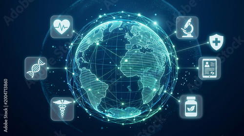 Global digital health network with medical icons surrounding a glowing wireframe globe representing worldwide healthcare technology and data connectivity.