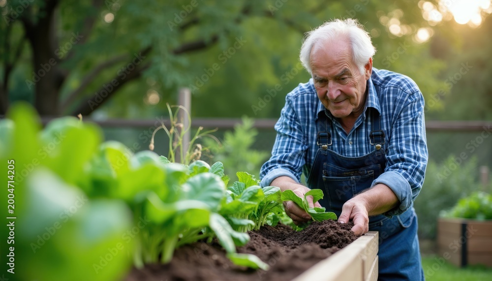 Obraz premium Elderly man with white hair works in a raised garden bed. He wears blue overalls and a plaid shirt tending to green plants. Man adds rich soil to cultivate vegetables in sunny backyard.
