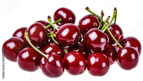 Konstfotografi Pile of ripe dark red cherries with green stems, isolated on transparent backgro