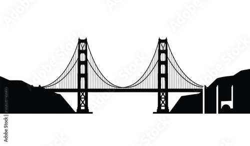 Tableau sur toile Detailed black silhouette of the golden gate bridge with surrounding landscape o