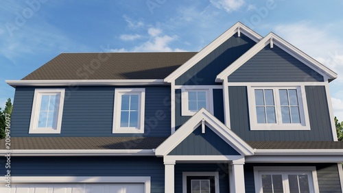 Foto Architectural 3D render of a modern suburban house exterior with dark blue siding, white trim, and gabled roof under a clear blue sky