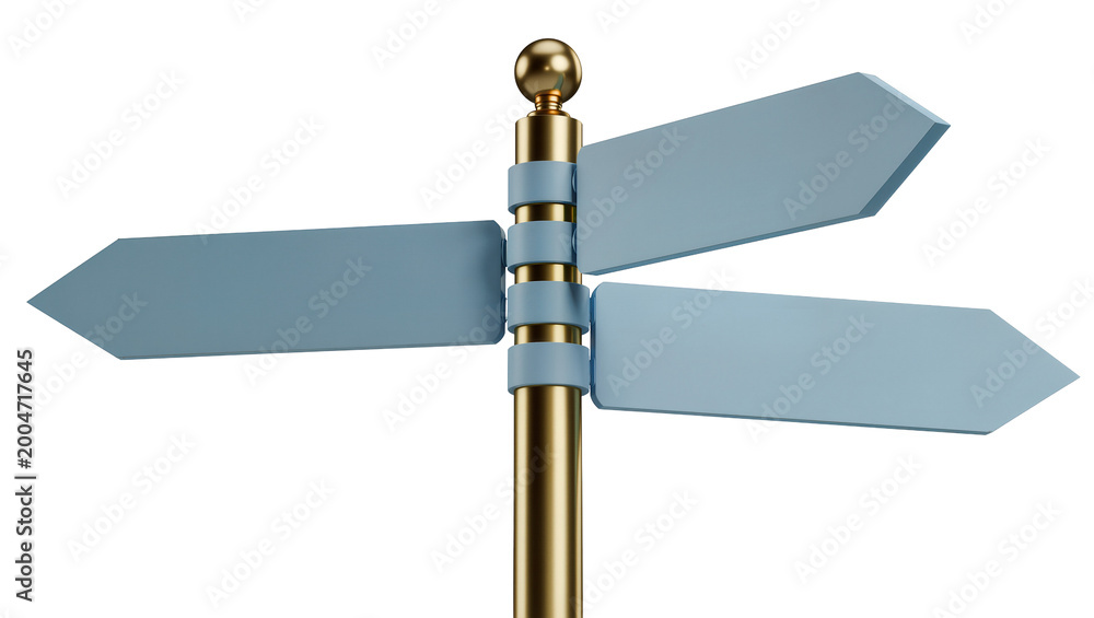 Obraz premium Golden signpost with four blue arrow pointers, isolated on transparent background
