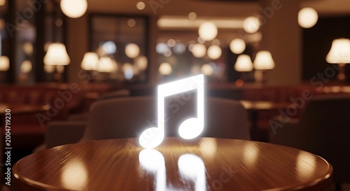 Glowing musical eighth note symbol on a wooden table in a dimly lit cafe