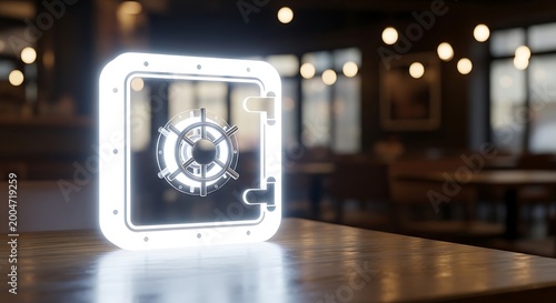 Glowing safe icon with dial on a table in a blurred cafe interior vault security