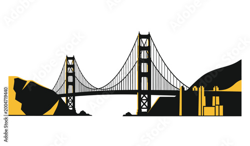 Tableau sur toile golden gate bridge silhouette with city and landscape elements in a graphic styl