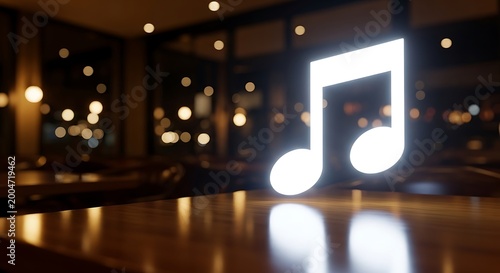 Glowing white eighth note symbol on a wooden table in a dimly lit restaurant music light
