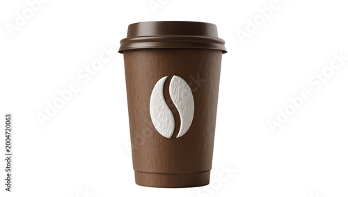 Brown paper coffee cup with white bean logo, isolated on transparent background
