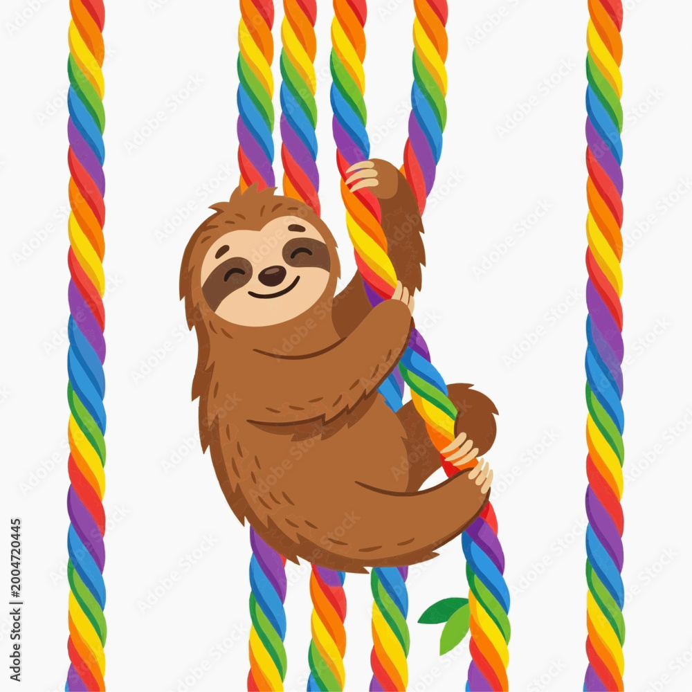 Fototapeta premium Sloth Hanging on Rainbow Rope