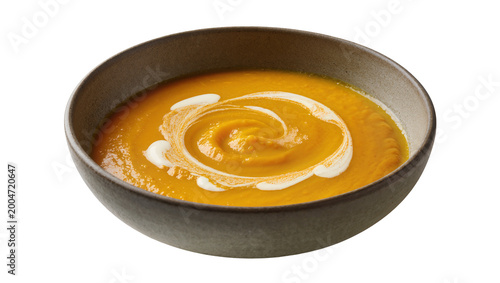 Foto Creamy orange soup with swirl of cream, isolated on transparent background