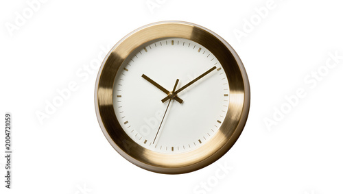Brushed gold round wall clock with white face and black hands, isolated on transparent background