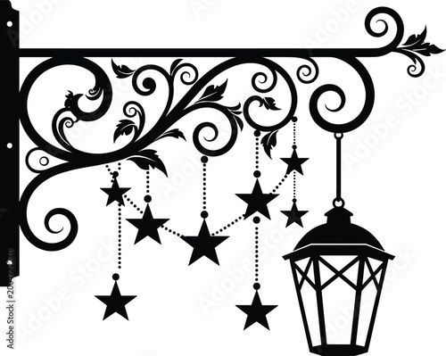 Фотография Black metal bracket with hanging stars and lantern decoration