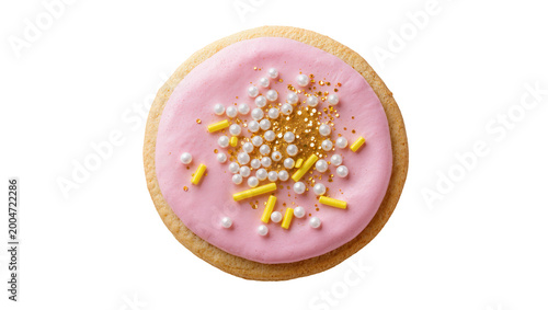 Foto Round sugar cookie with pink frosting pearl and gold sprinkles, isolated on tran