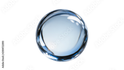 Perfectly round clear water droplet with blue reflections, isolated on transparent background
