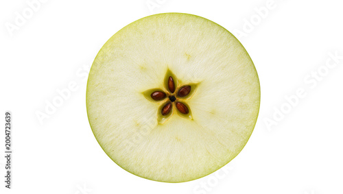 Green apple slice with star-shaped core and seeds, isolated on transparent background