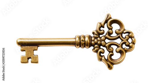 Ornate antique brass skeleton key with intricate scrollwork, isolated on transparent background
