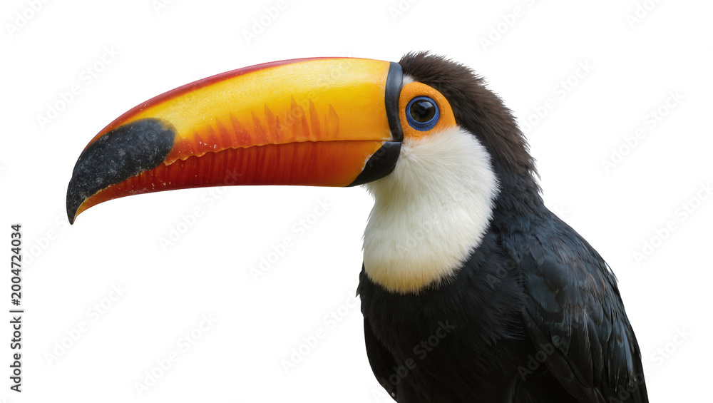 Fototapeta premium Toco toucan with large yellow and orange beak, isolated on transparent background