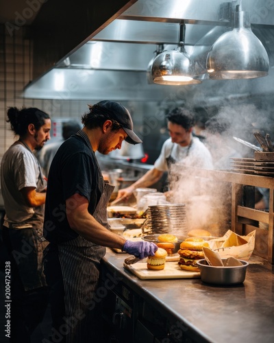 Wide shot of a burger kitchen during rush hour, multiple chefs