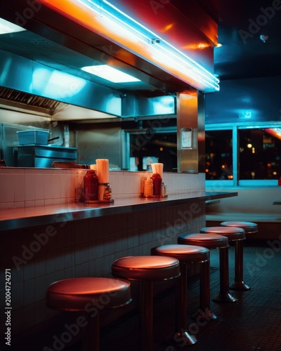 A burger in a neon-lit diner at 2am, lonely counter, moody atmosphere