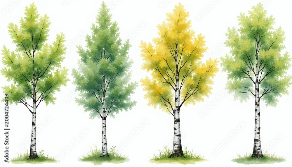 Obraz premium Watercolor birch trees in green and yellow foliage stand on white background. Delicate trees with white trunks and dark bark show grass at bases. Seasonal change nature art.