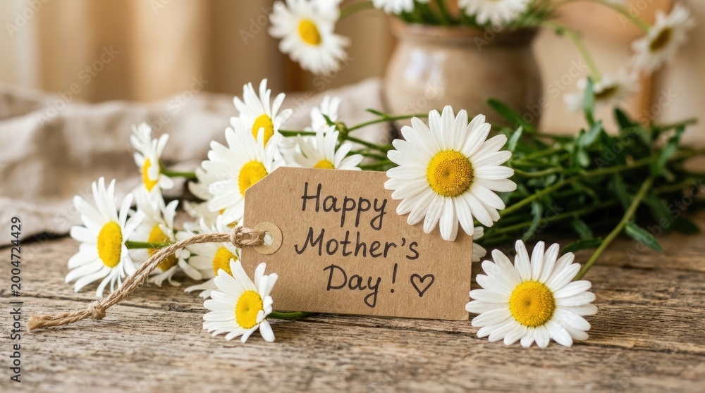 Obraz premium Happy mother's day rustic heart card with daisies celebrate mom with love