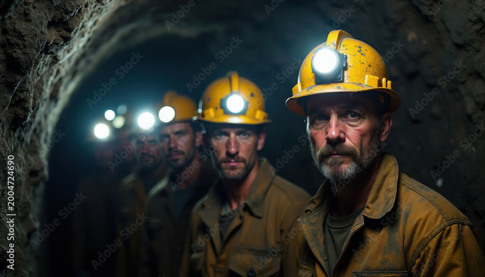 Obraz premium Men in hard hats with headlamps work in dark underground mine tunnel. Miners wear safety helmets and dirty work clothes. They mine for coal resource in earth excavation.