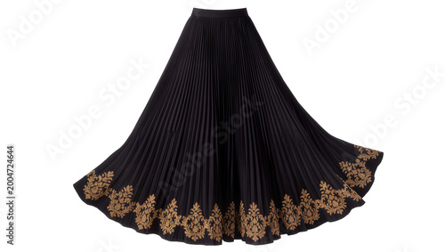 Schilderij op canvas Black pleated maxi skirt with gold embroidered hem, isolated on transparent back
