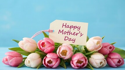 mother's day bouquet with handwritten card on blue background