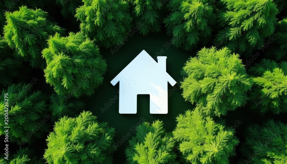 Naklejka premium White simple house symbol nestled within vibrant green forest trees. Represents eco-friendly living, sustainable home, connection with nature. Ideal for environmental topics, nature inspired content.