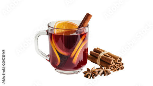 Photos Hot mulled wine in glass mug with orange slices and cinnamon sticks, isolated on