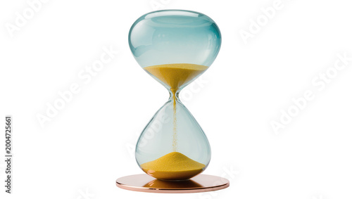 Fotografia Glass hourglass with yellow sand flowing, isolated on transparent background