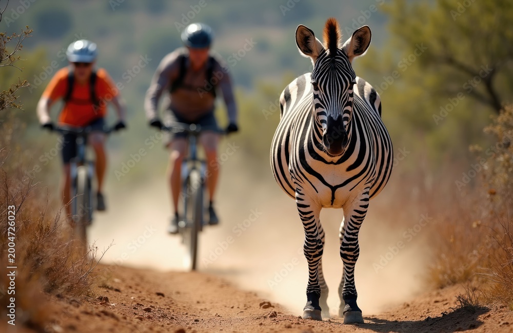 Obraz premium Two cyclists ride on a dusty dirt road in savanna. Zebra stands on path observing bikers. Wildlife and sport activity meet in natural habitat.
