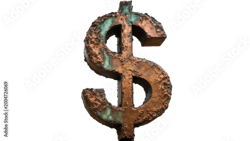 Vászonkép Corroded copper dollar sign symbol with verdigris patina, isolated on transparen
