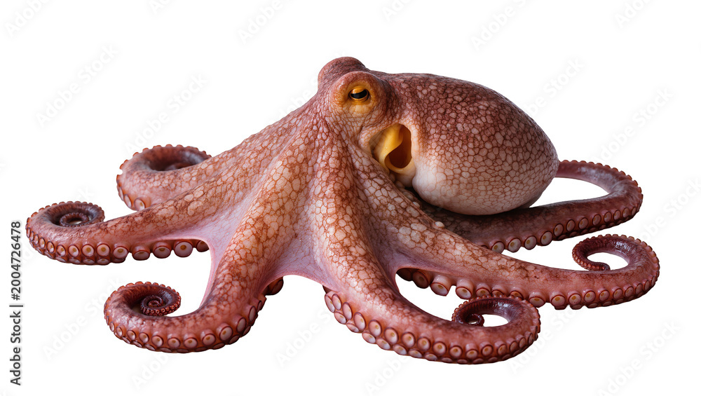 Fototapeta premium Brown octopus with eight tentacles, isolated on transparent background