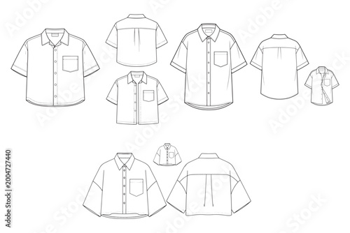 Men's Short Sleeve Shirt Technical Flat Sketches and Garment Pattern Templates for Fashion Design