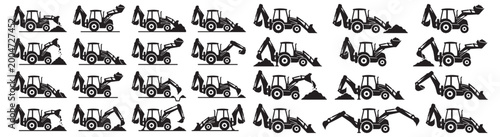 Backhoe Loader Silhouettes Set Construction Excavator Tractor Digging Machine Vector Collection
