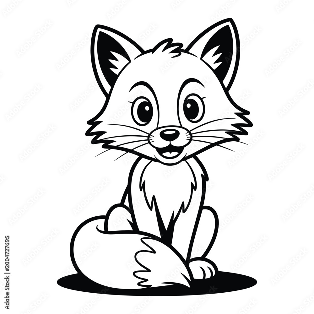 Obraz premium Cute fox illustration in a seated pose black and white drawing silhouette high quality