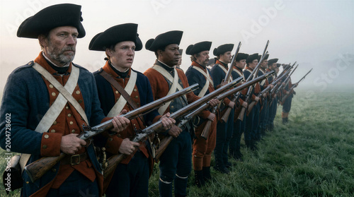 Revolutionary war historical reenactment at dawn with diverse soldiers, perfect for history textbooks, documentary film marketing, and American heritage educational resources
