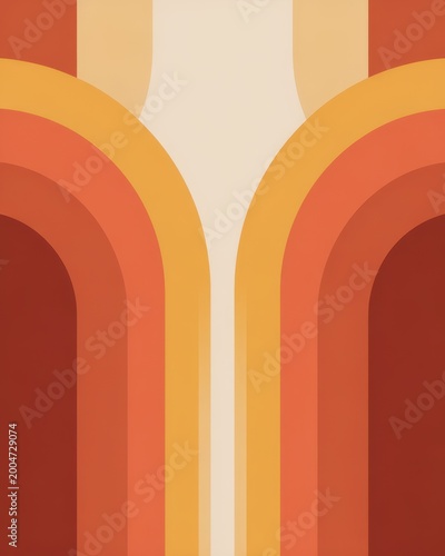 Abstract geometric arches in orange and red tones with layered curved shapes, symmetrical composition and soft gradients, modern retro background with warm vibrant atmosphere