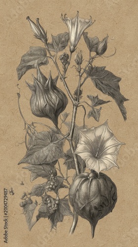 A vintage engraved botanical illustration of poisonous and magical Halloween plants, like deadly nightshade and moonflowers, on aged paper
