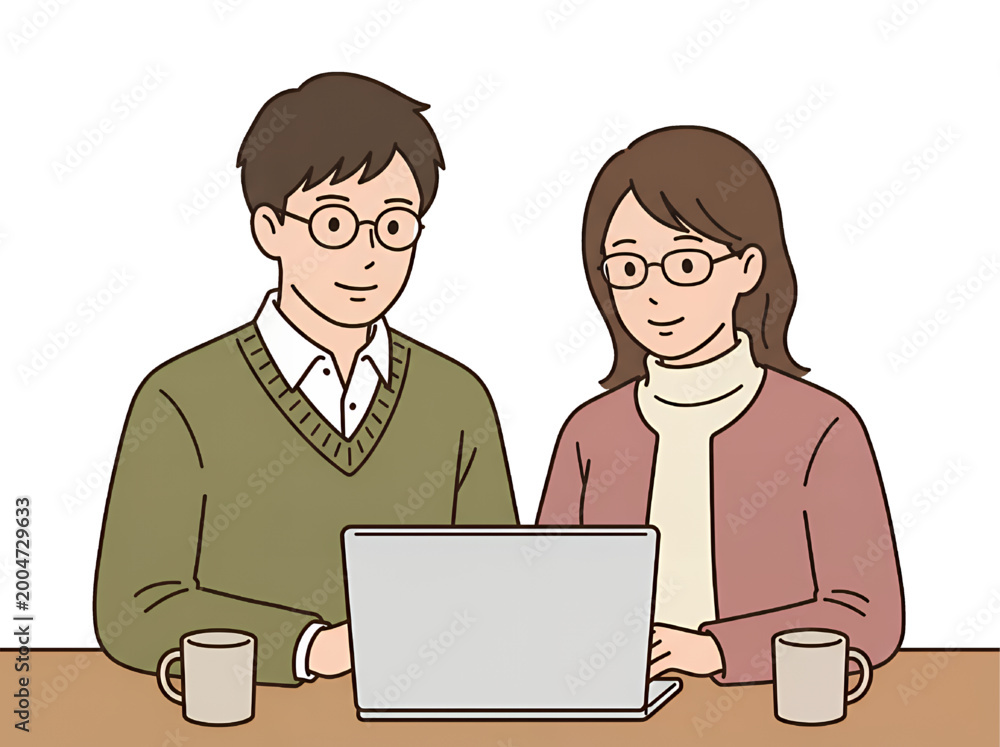 Fototapeta premium ノートパソコンを一緒に見ながら笑顔で会話するメガネをかけた男女のカップル