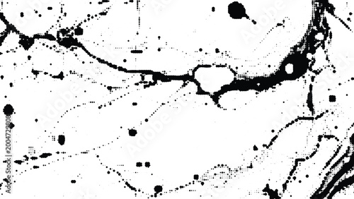 Intricate network of halftone dotted lines and scattered black ink spots creating organic marble texture on transparent layer.