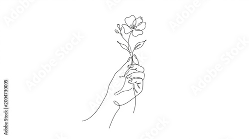 Continuous line art illustration of a hand holding a single flower for minimalist home decor
