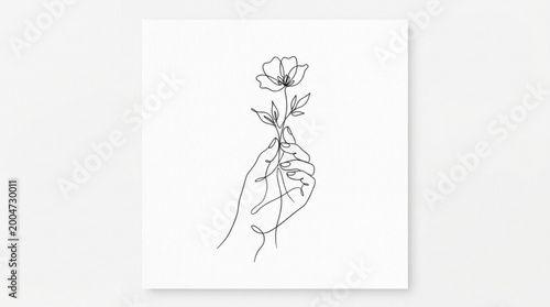 Minimalist one line drawing of a hand holding a delicate flower on a clean white background art