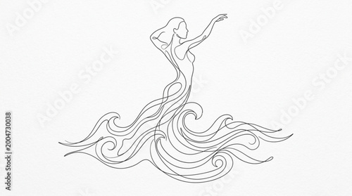Graceful one line drawing of a woman figure transforming into flowing ocean water waves design