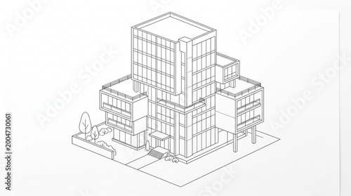 Isometric line drawing of a modern office building architecture with clean geometric structure