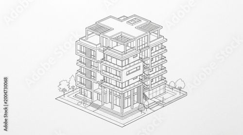 Detailed isometric architectural line drawing of a modern multi-story residential building